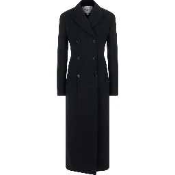 Coat with lapel collar, featuring long sleeves and front button closure. Made of wool, black, womens.