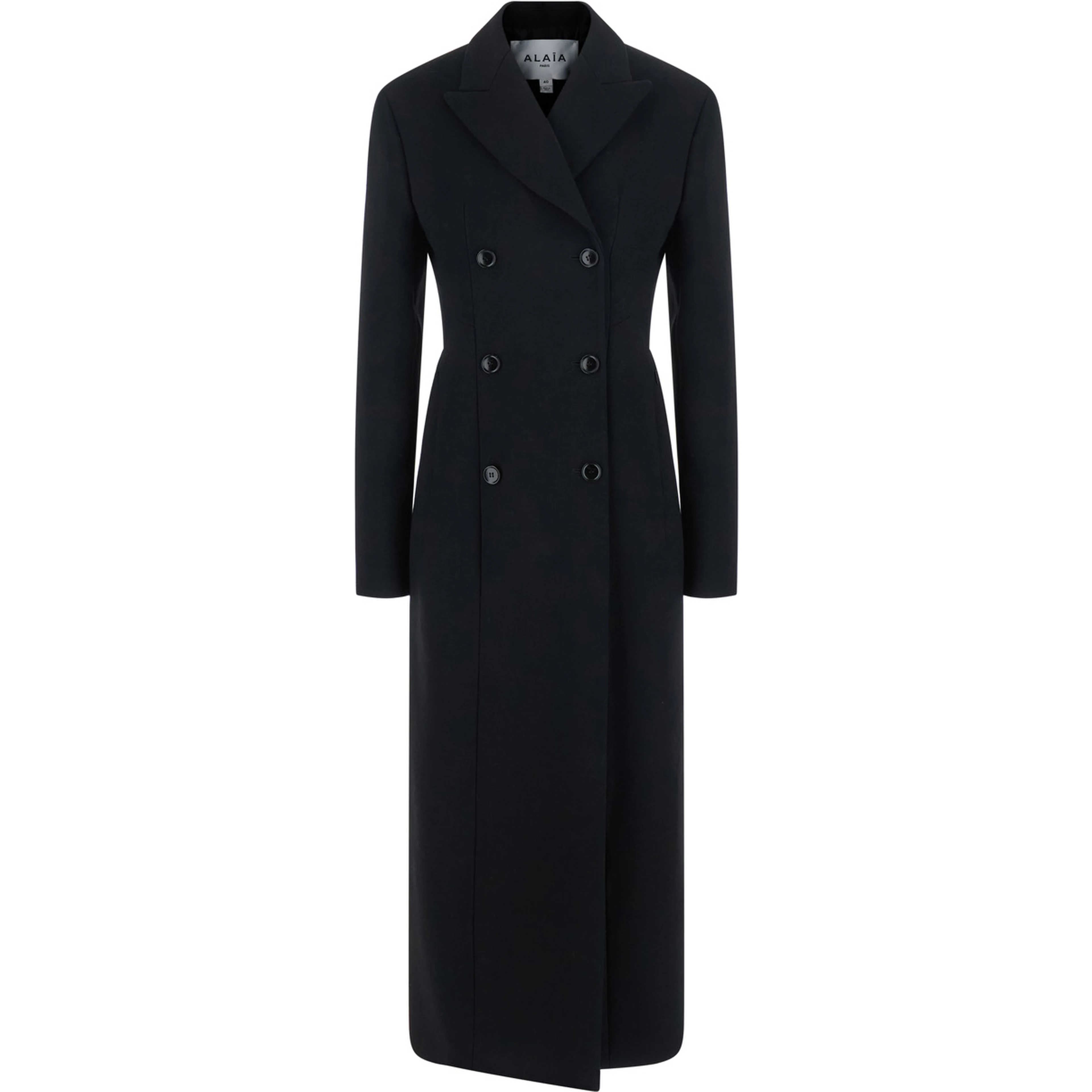 Coat with lapel collar, featuring long sleeves and front button closure. Made of wool, black, womens.