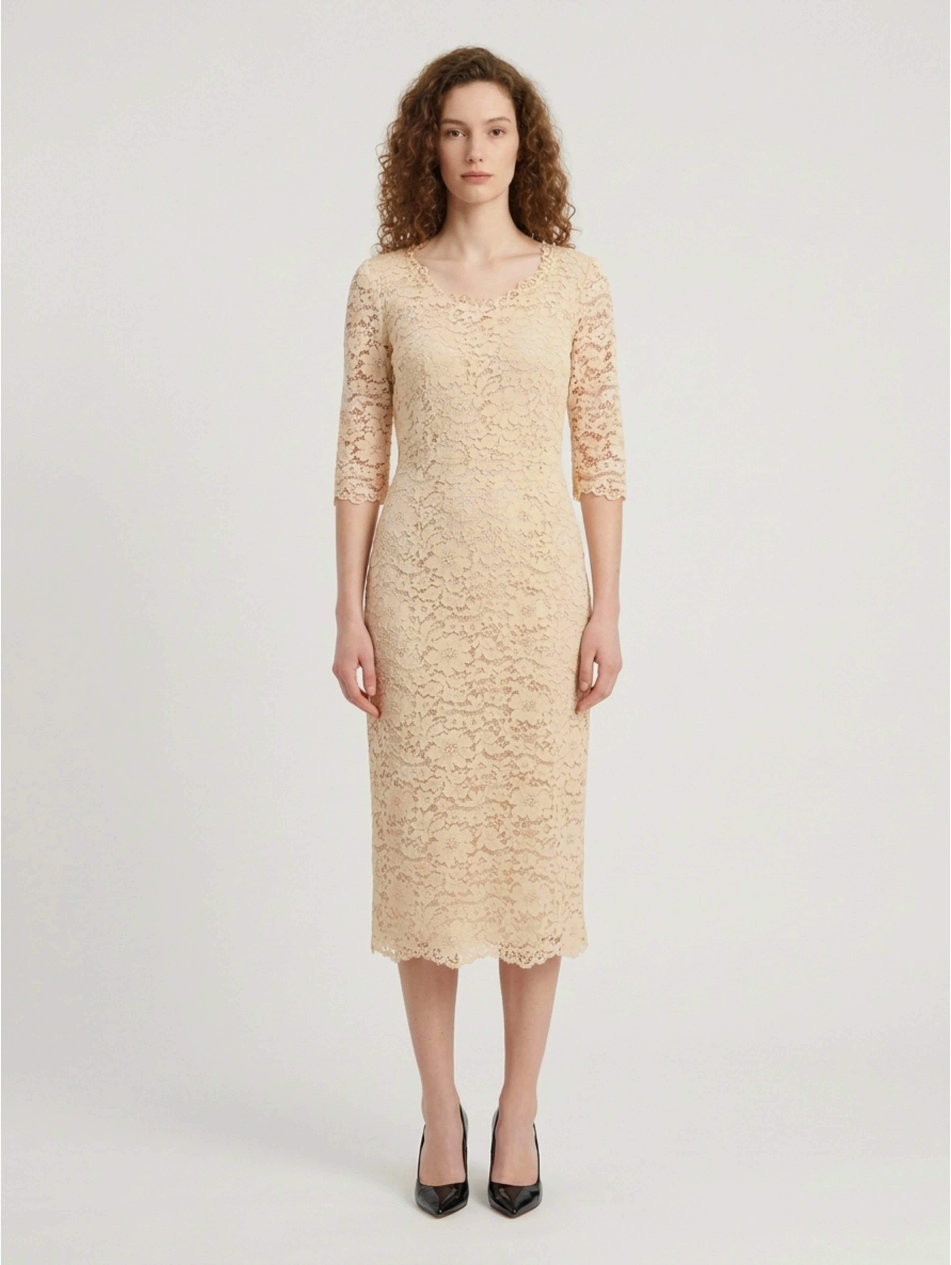 White lace midi sheath dress