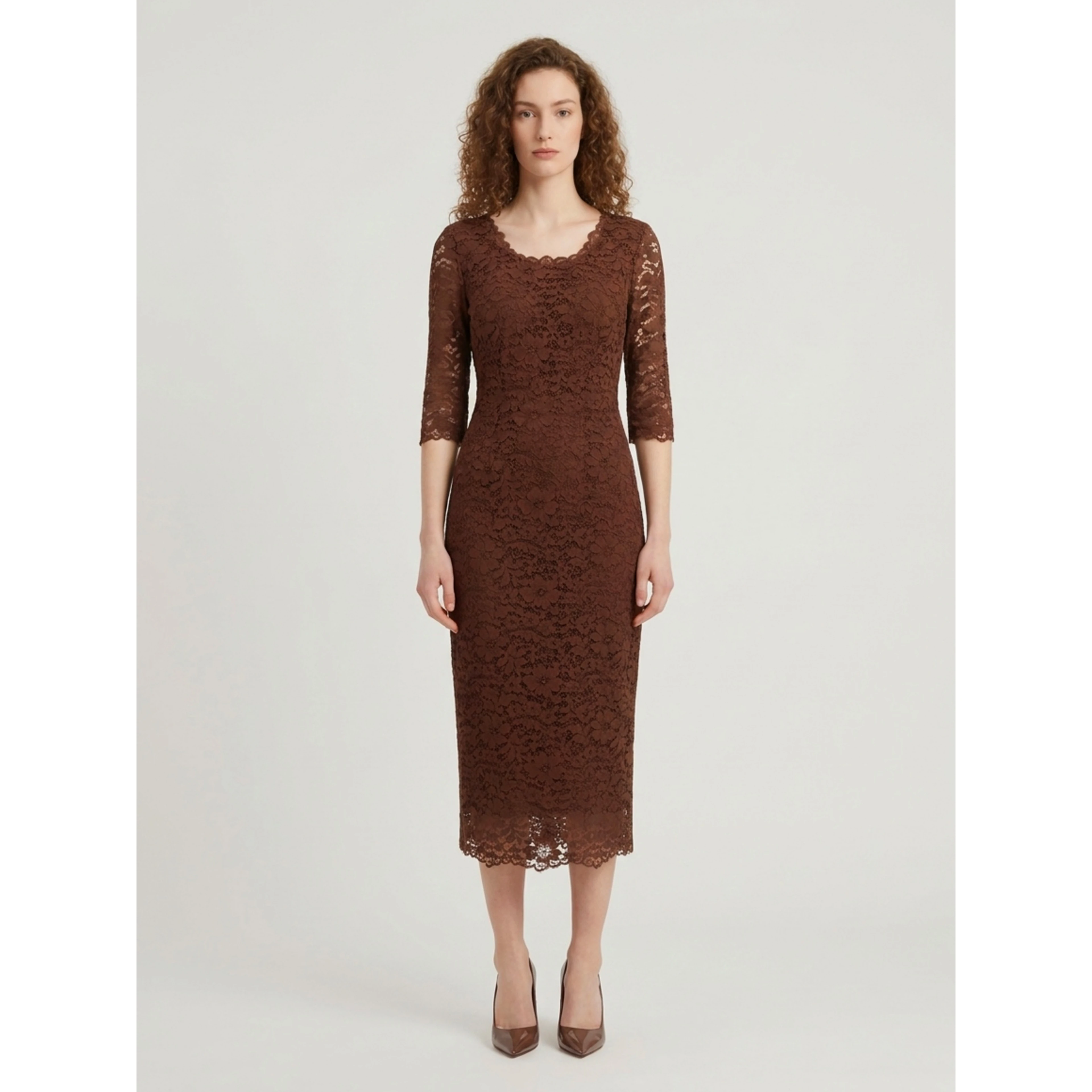 Brown lace midi sheath dress