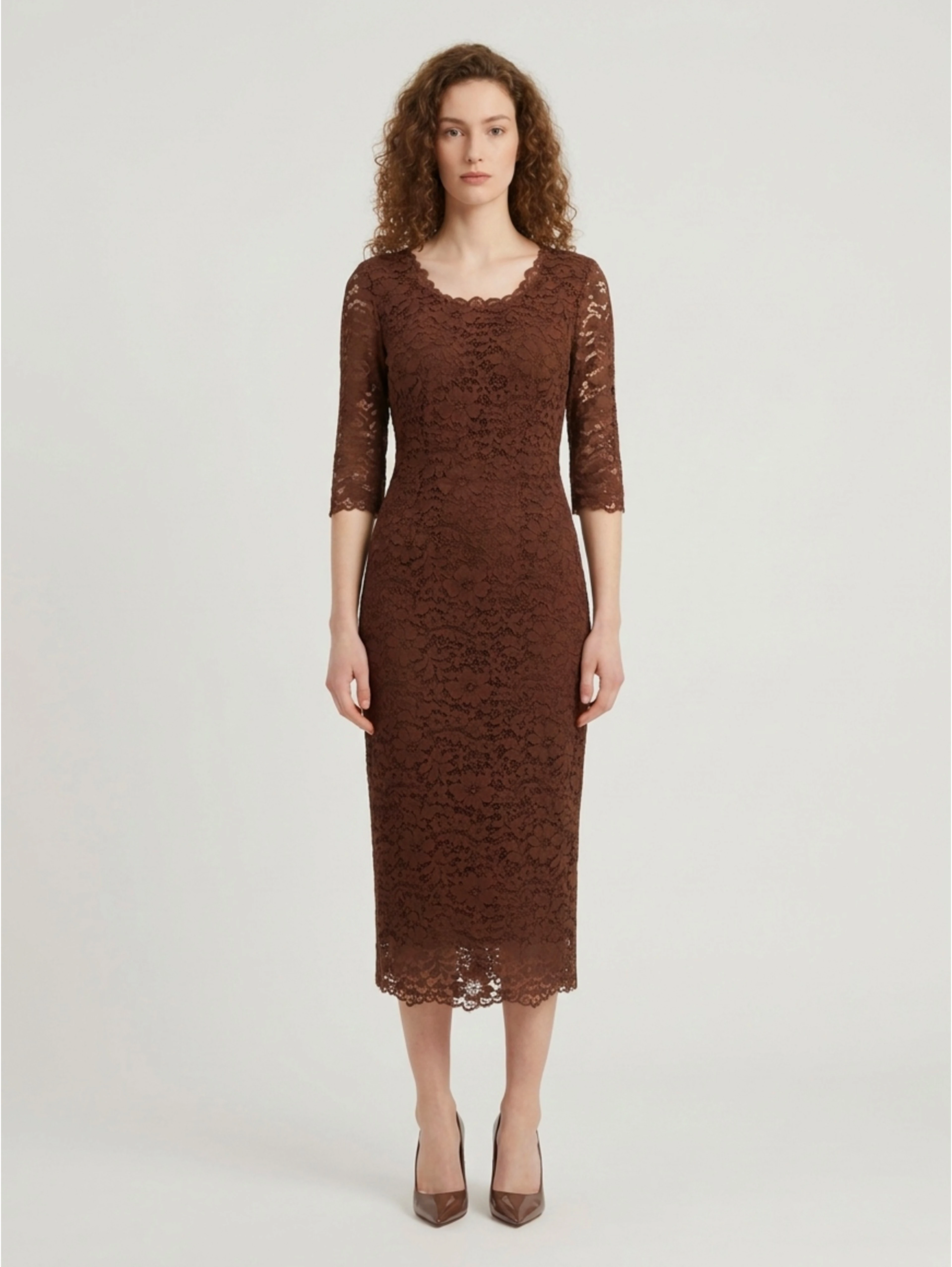 Brown lace midi sheath dress