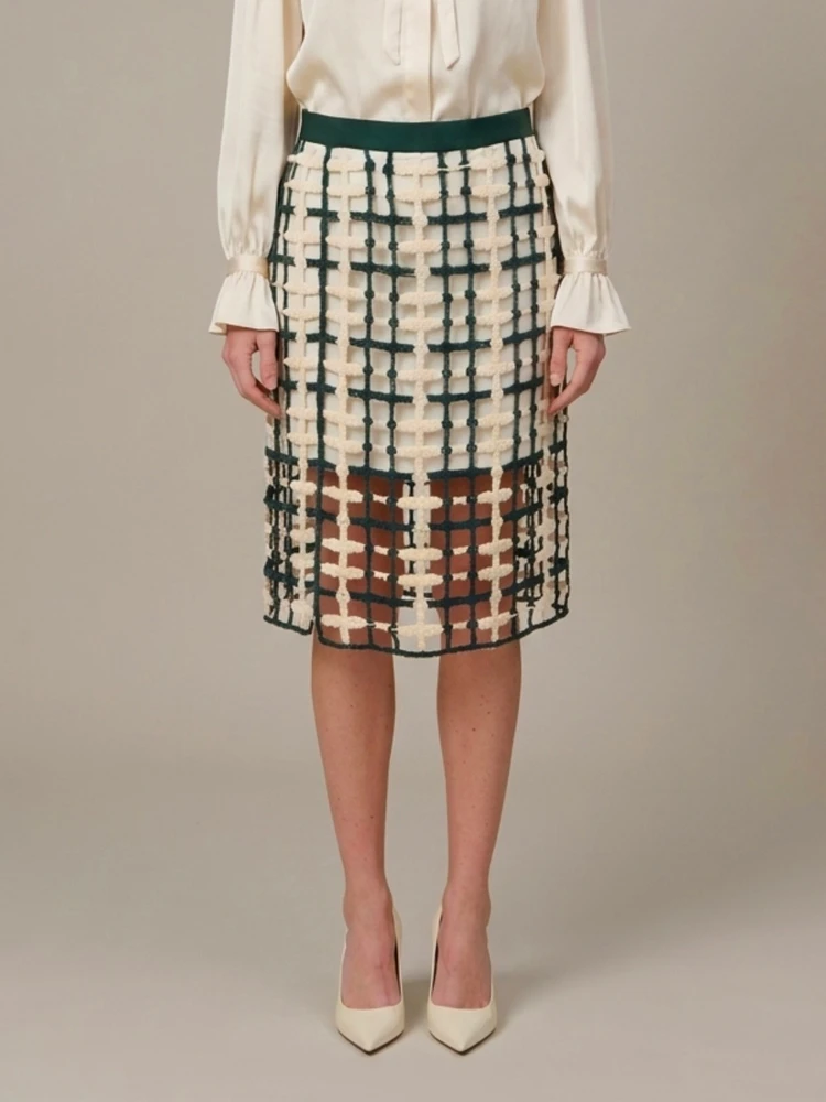 Green mesh midi skirt