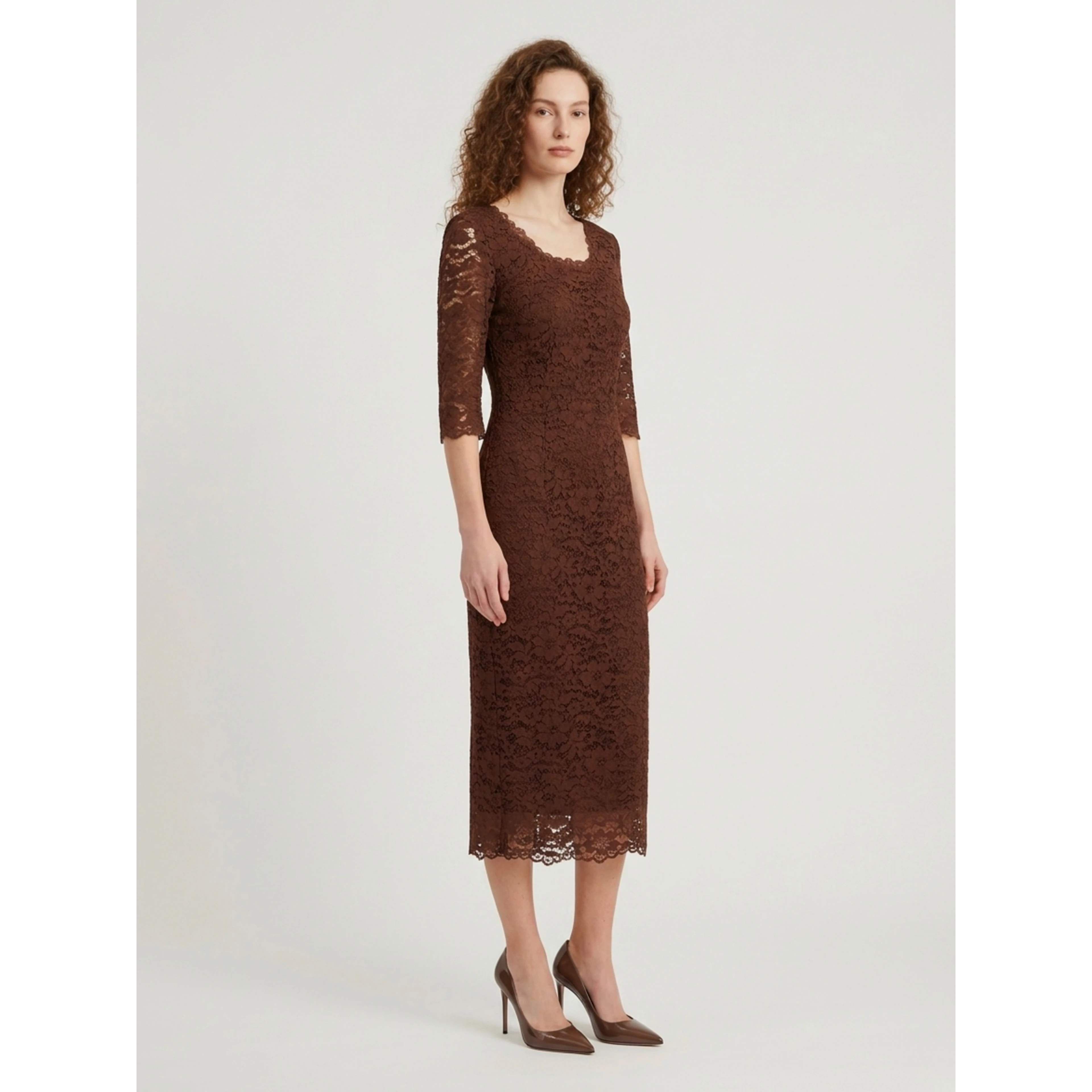 Brown lace midi sheath dress