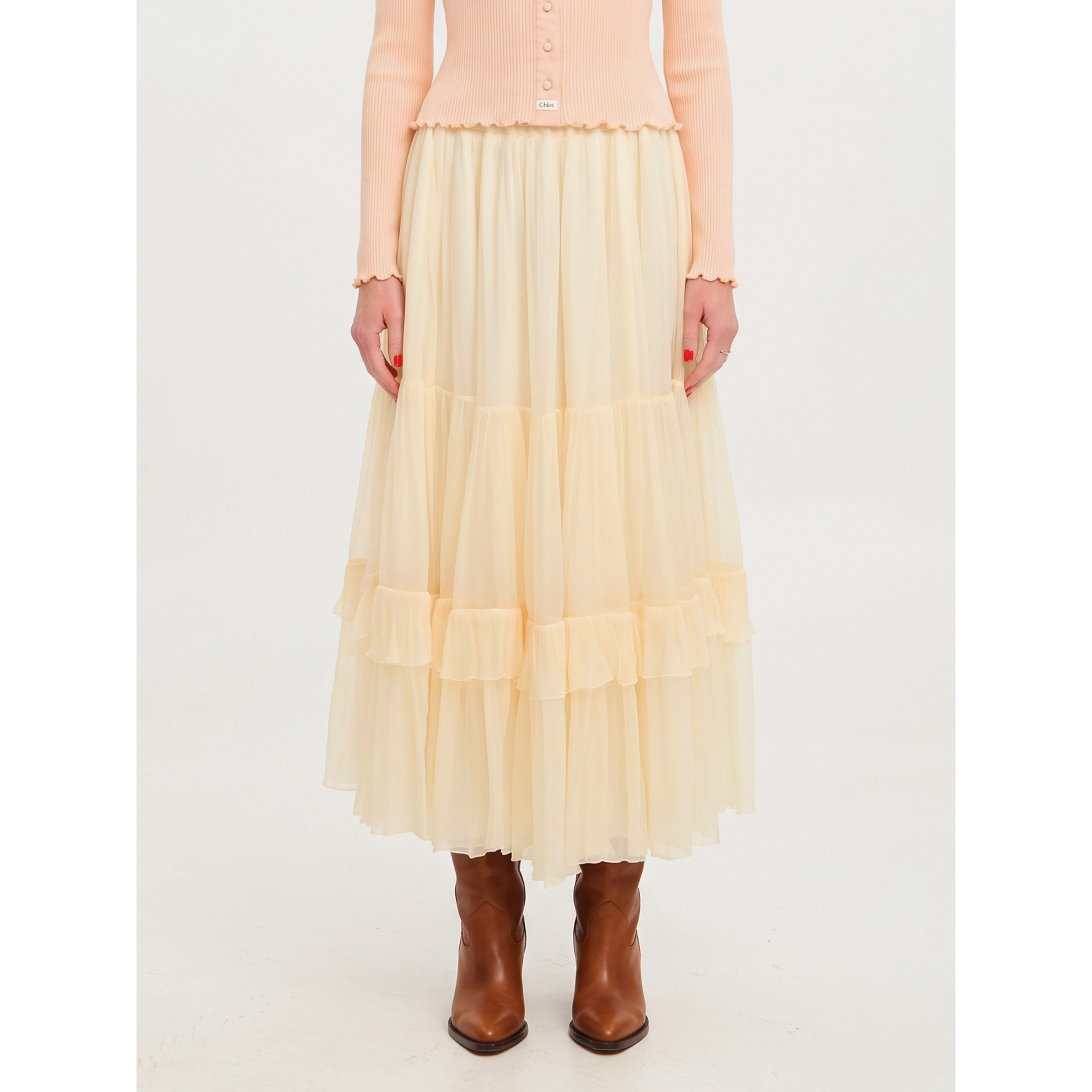 Long skirt with silk muslin ruffle
