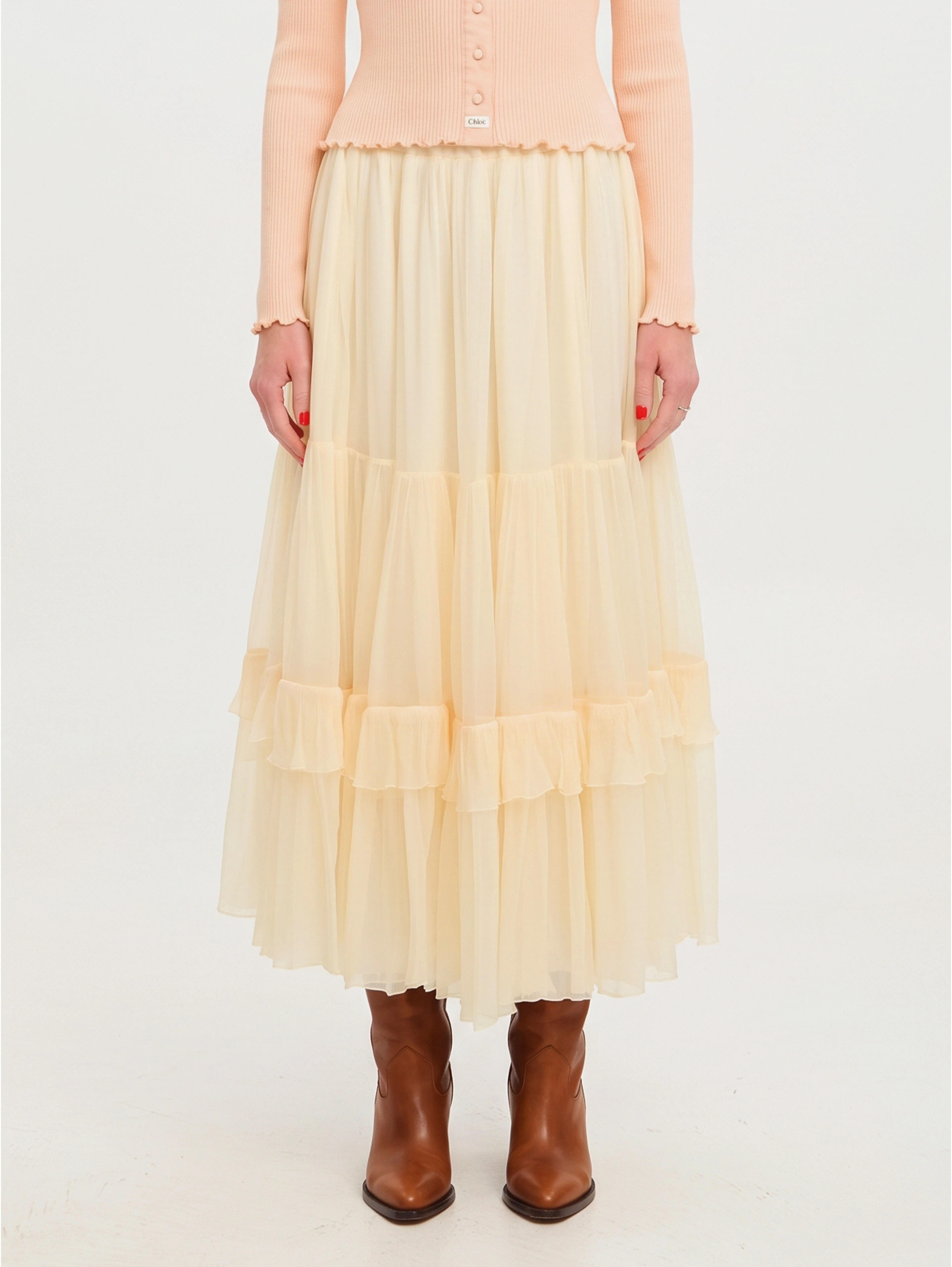 Long skirt with silk muslin ruffle