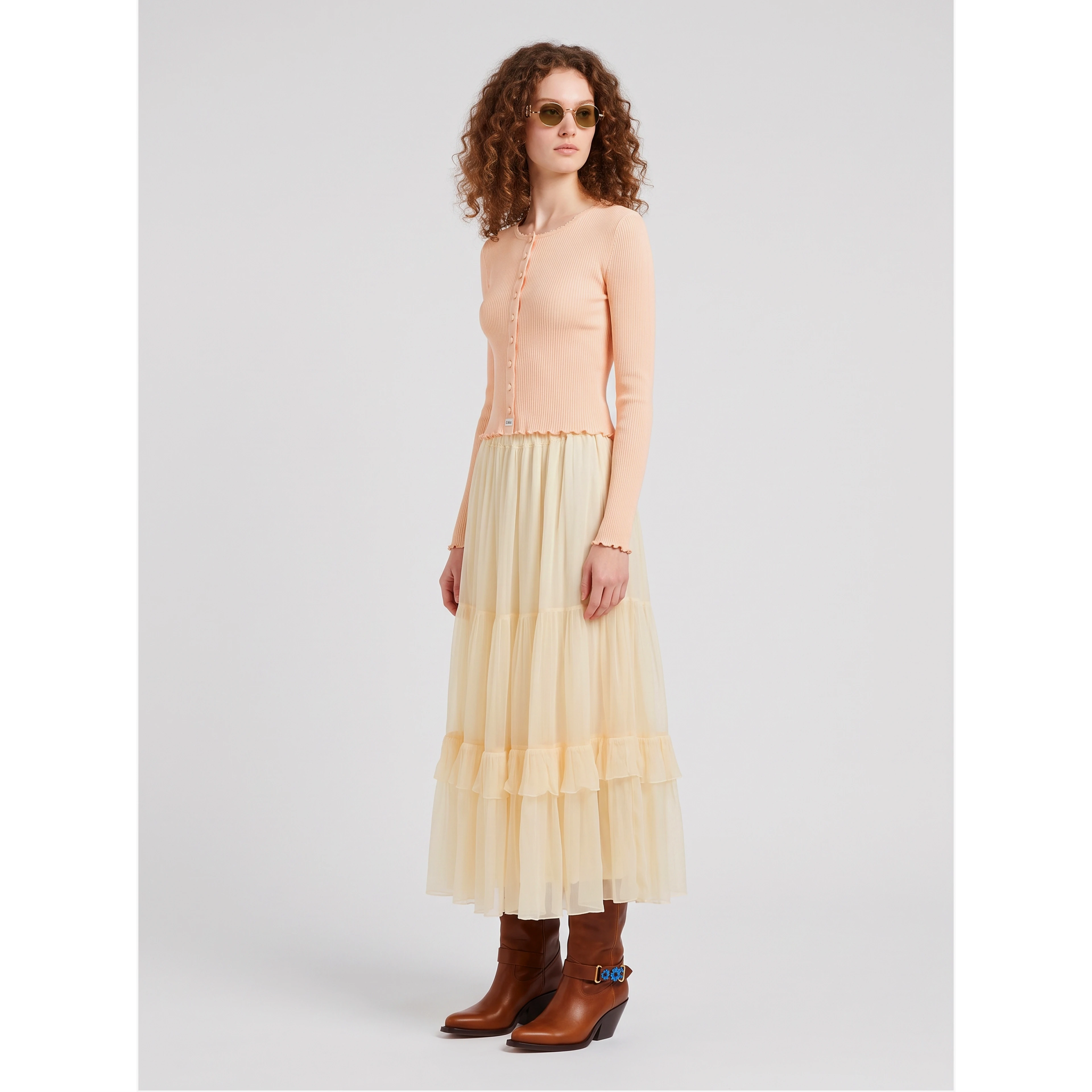 Long skirt with silk muslin ruffle