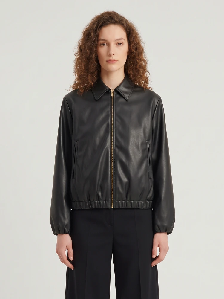 Black faux leather cropped bomber