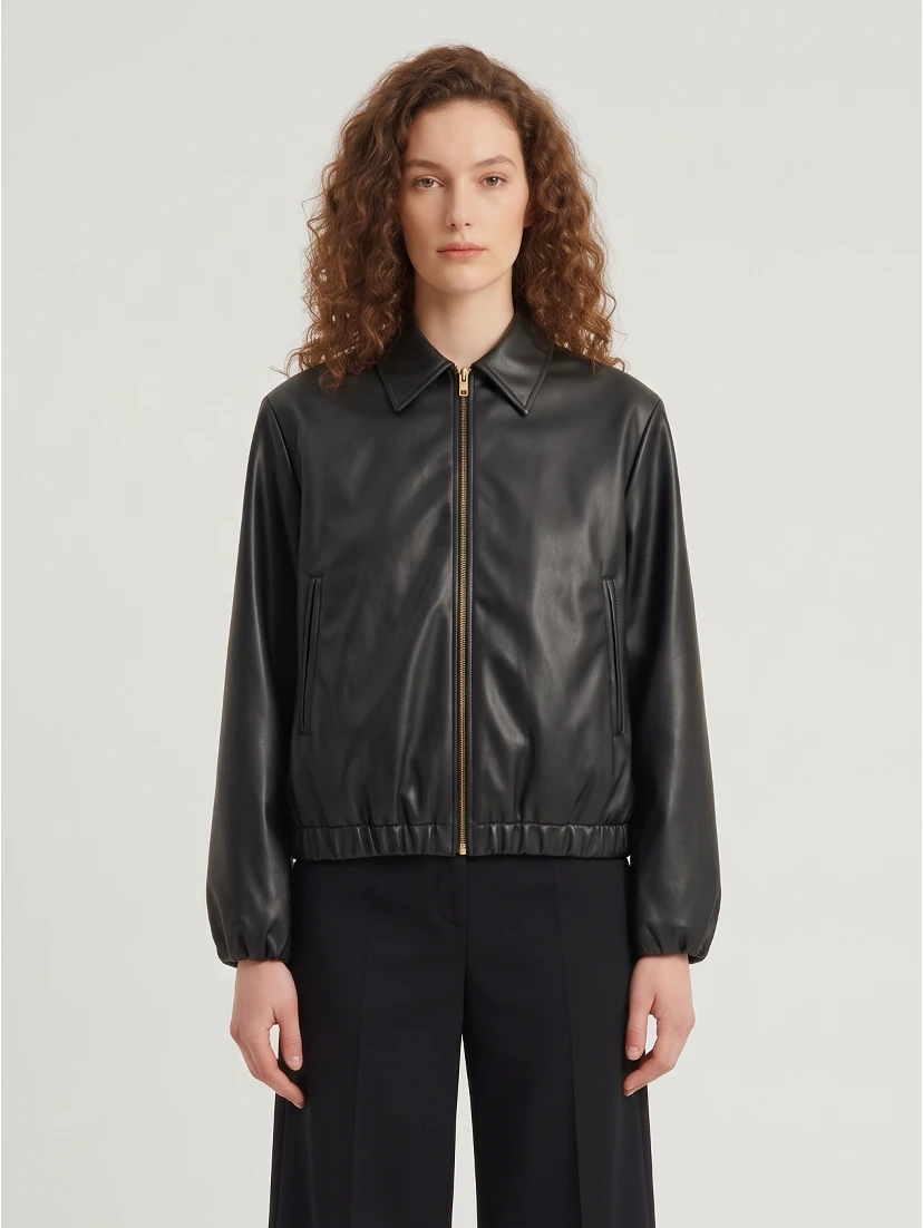 Black faux leather cropped bomber
