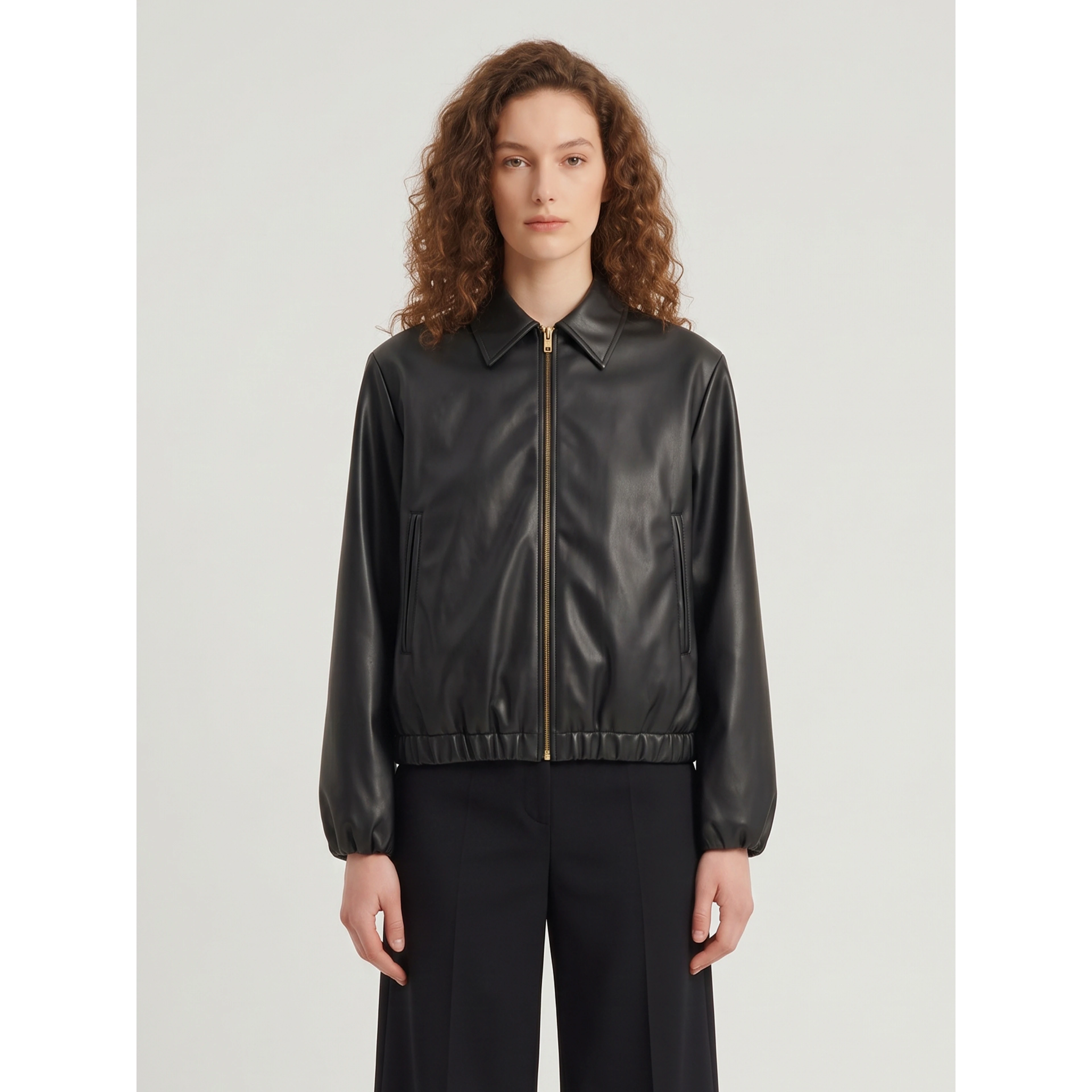 Black faux leather cropped bomber