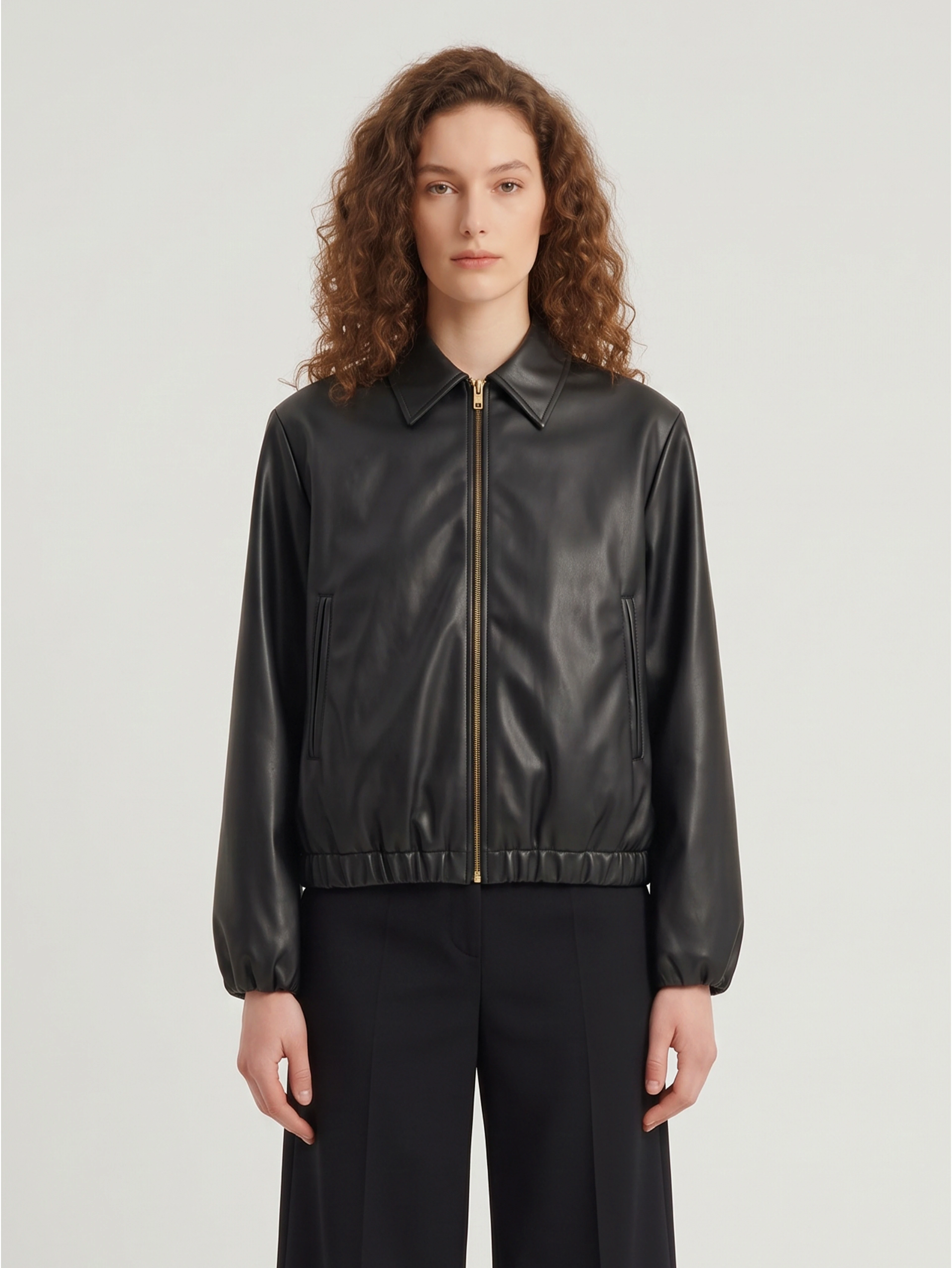 Black faux leather cropped bomber
