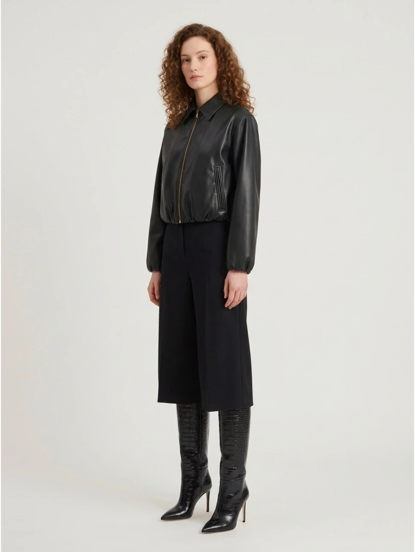 Black faux leather cropped bomber