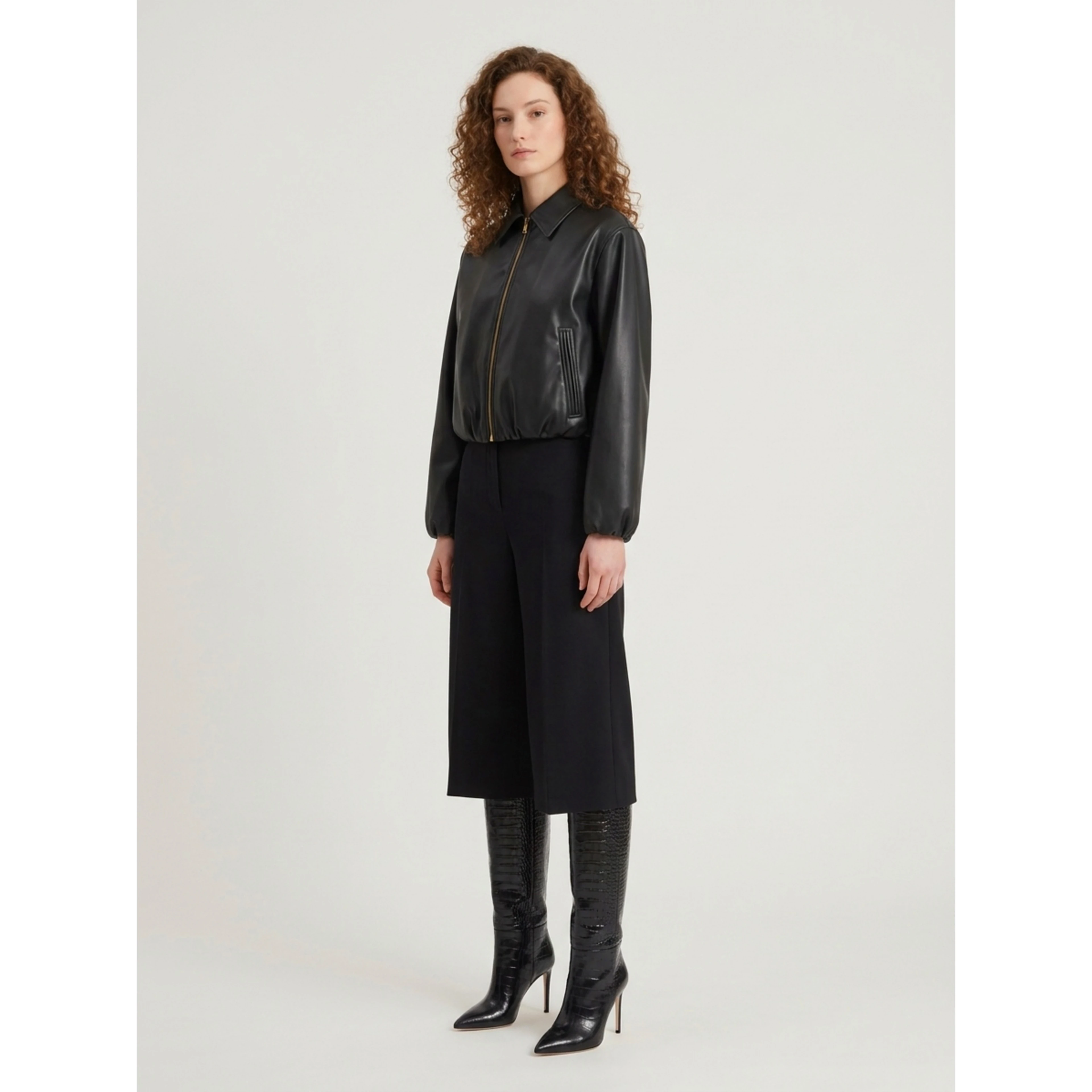 Black faux leather cropped bomber