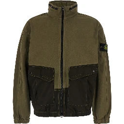 Panama Green Jacket with Fixed Hood and Logo Patch on the Sleeve in Cotton for Men