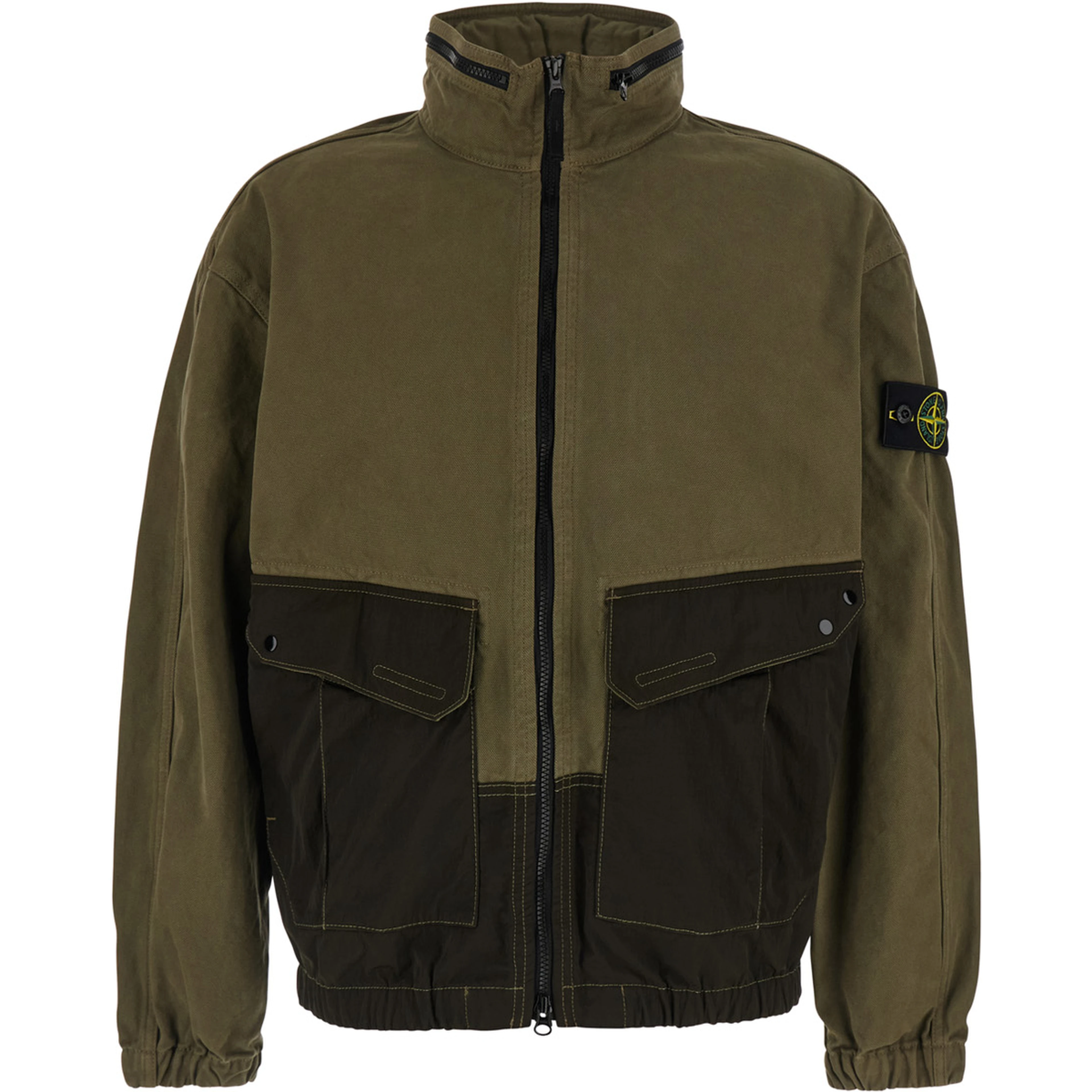 Panama Green Jacket with Fixed Hood and Logo Patch on the Sleeve in Cotton for Men