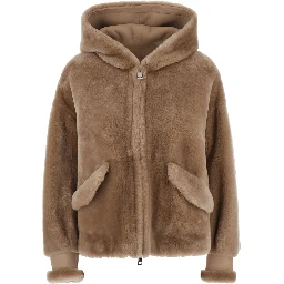 beige Jacket with fixed hood and side pockets in fur for women