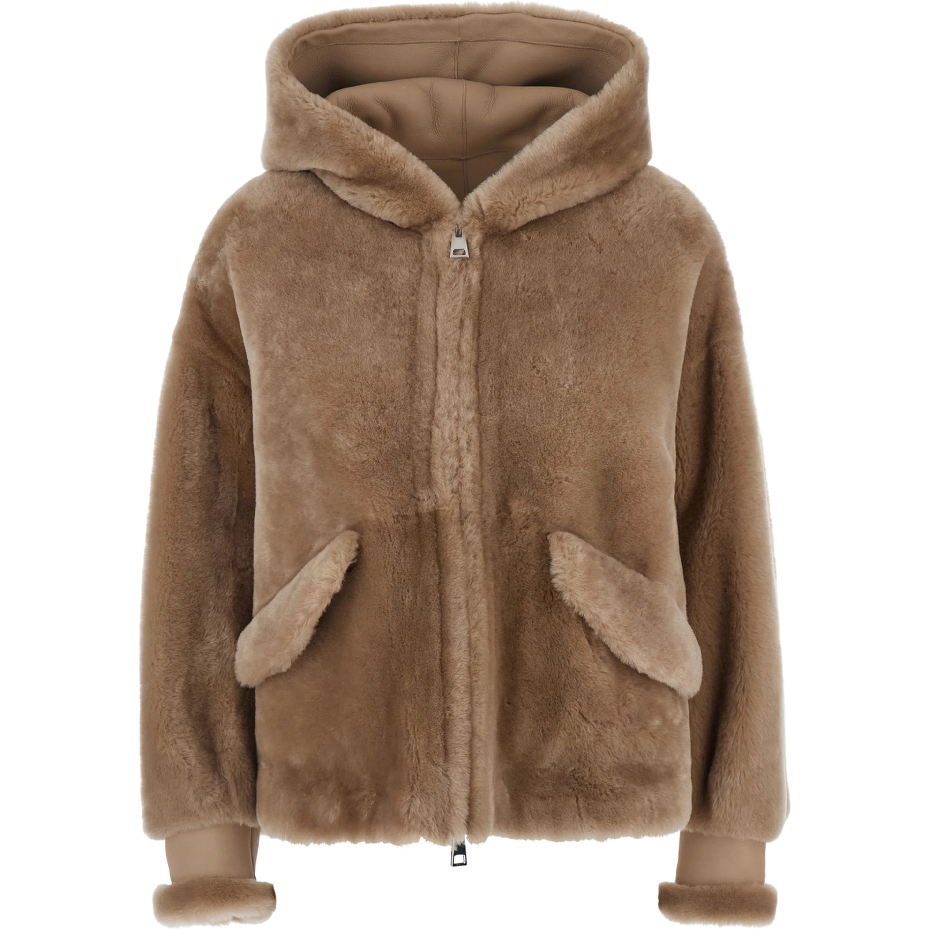 beige Jacket with fixed hood and side pockets in fur for women
