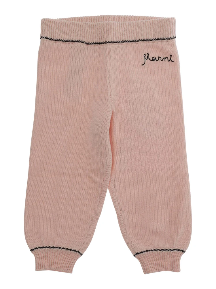 Pink Pants with Ribbed Waist and Logo Lettering Embroidery in Cotton Baby