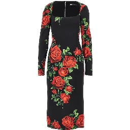 Roses print charmeuse midi dress