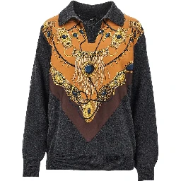 Wool sweater with printed silk intarsia