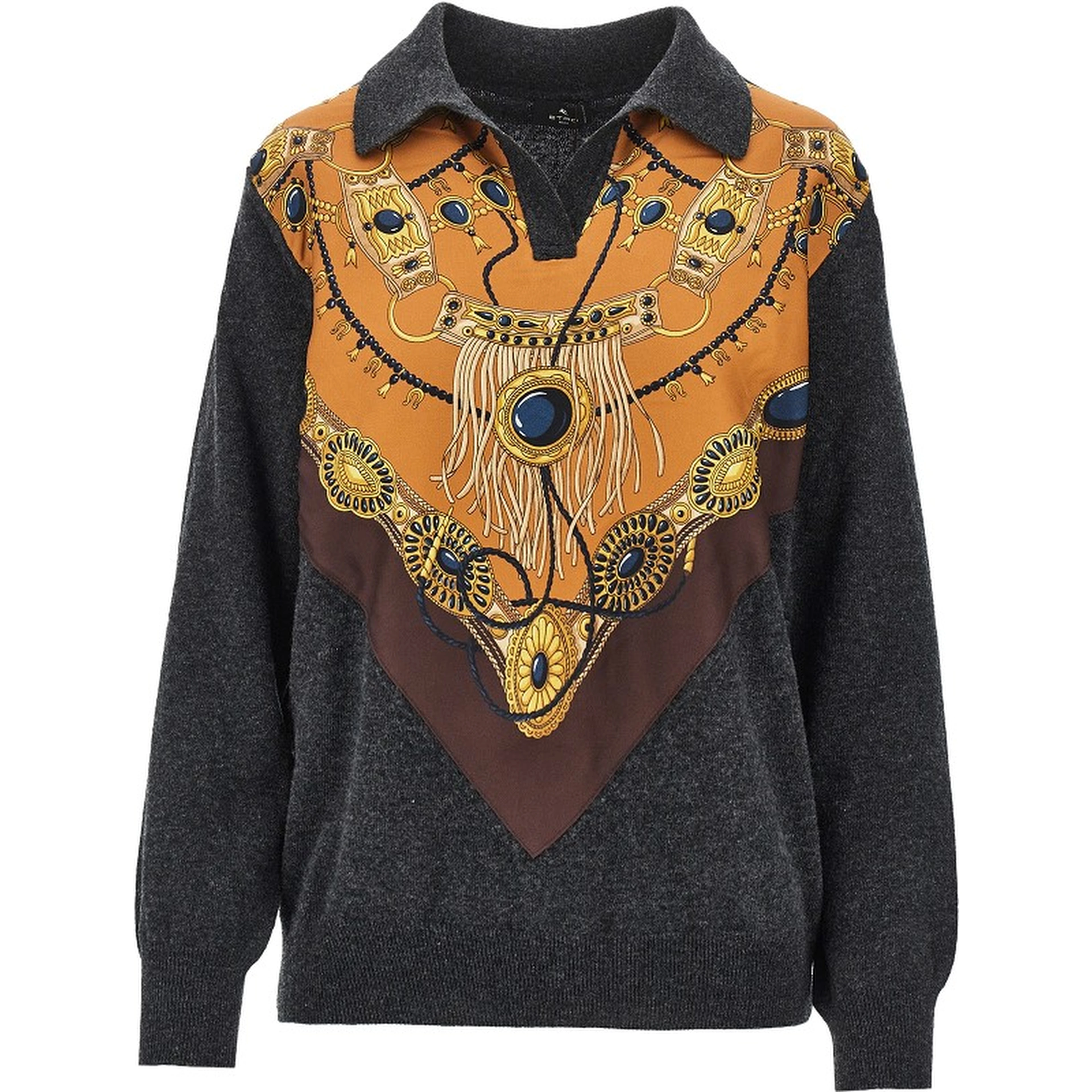 Wool sweater with printed silk intarsia