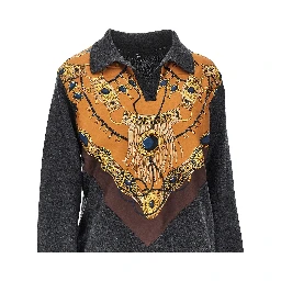Wool sweater with printed silk intarsia