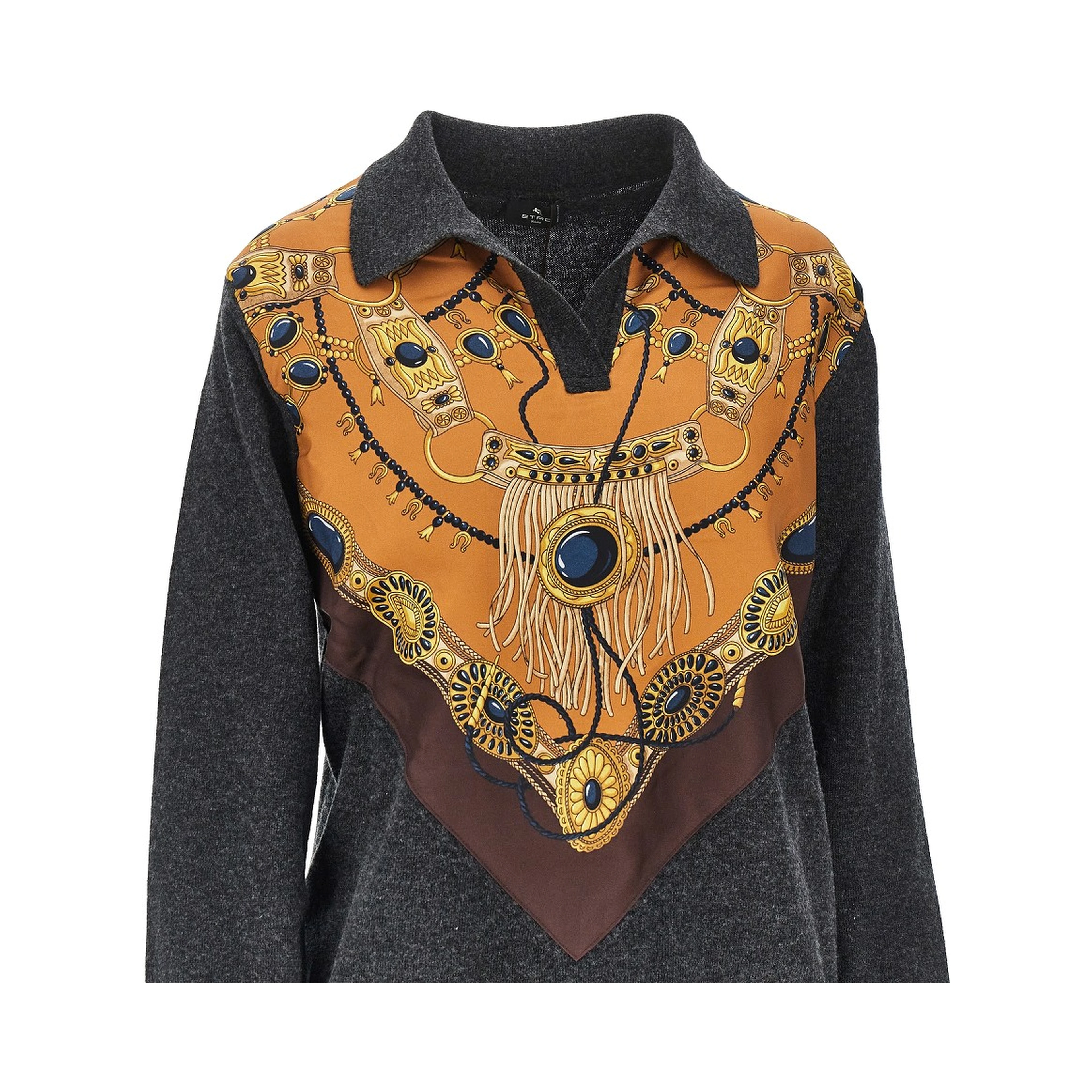 Wool sweater with printed silk intarsia