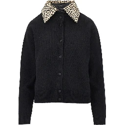 Cheetah-print collar wool cardigan