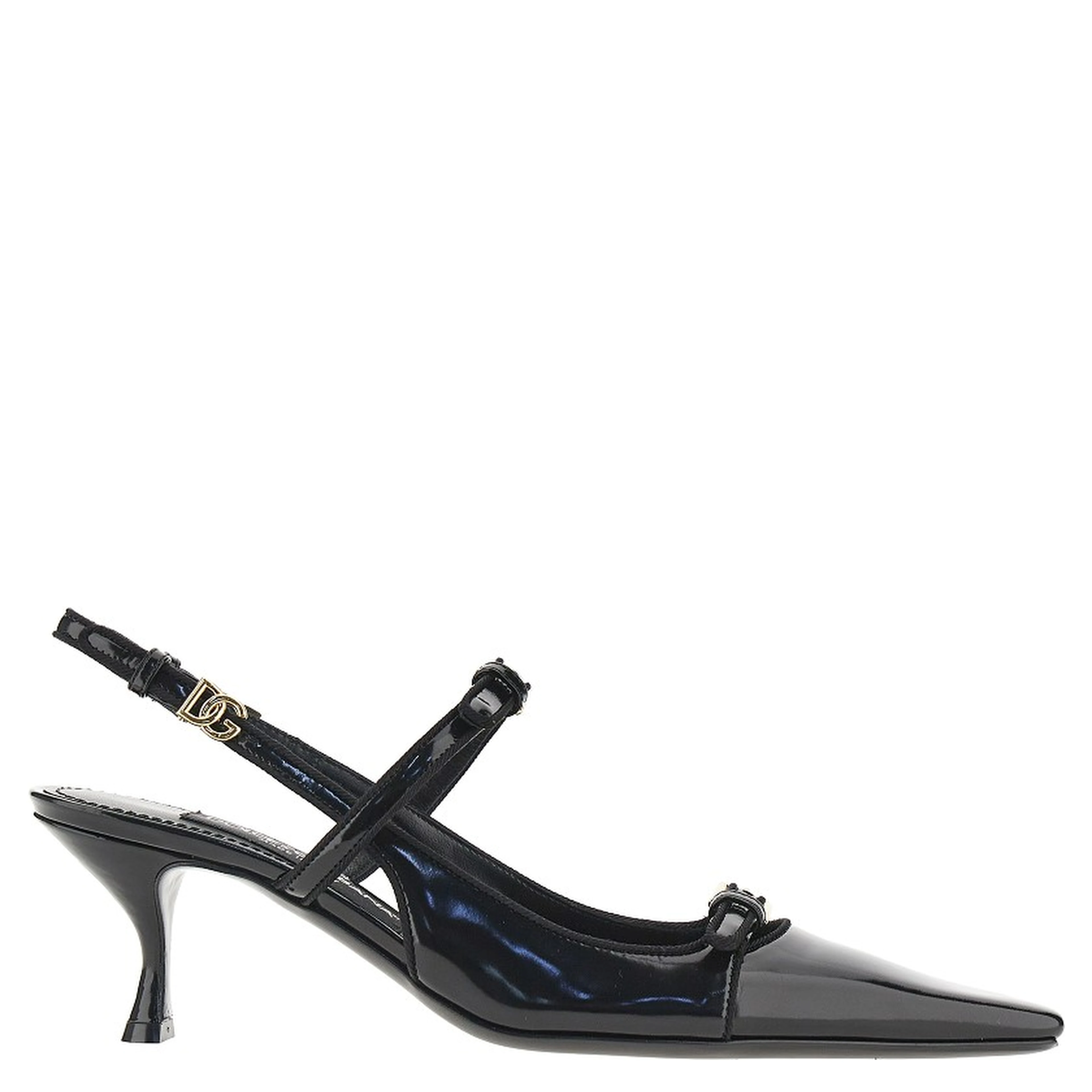 Glossy leather buckled slingback pumps