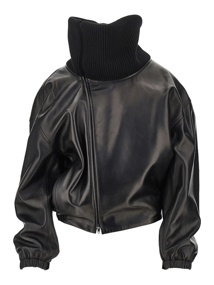 Nappa leather jacket with rib knit collar