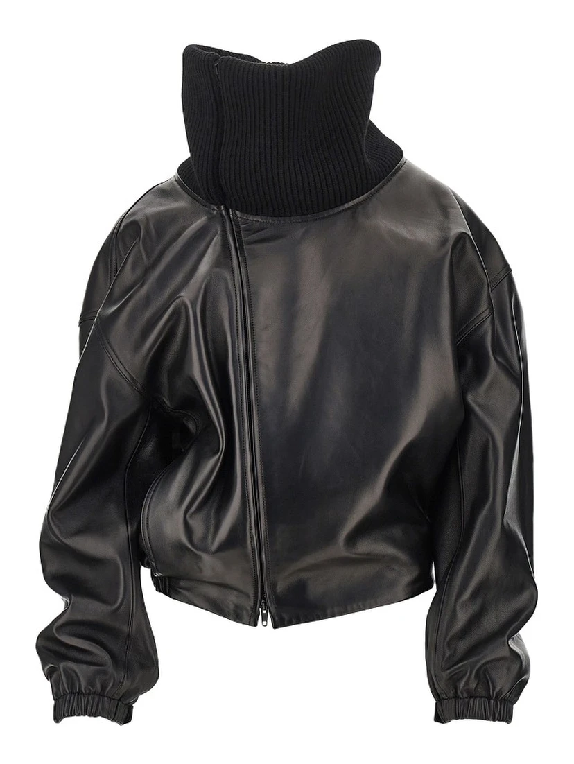 Nappa leather jacket with rib knit collar