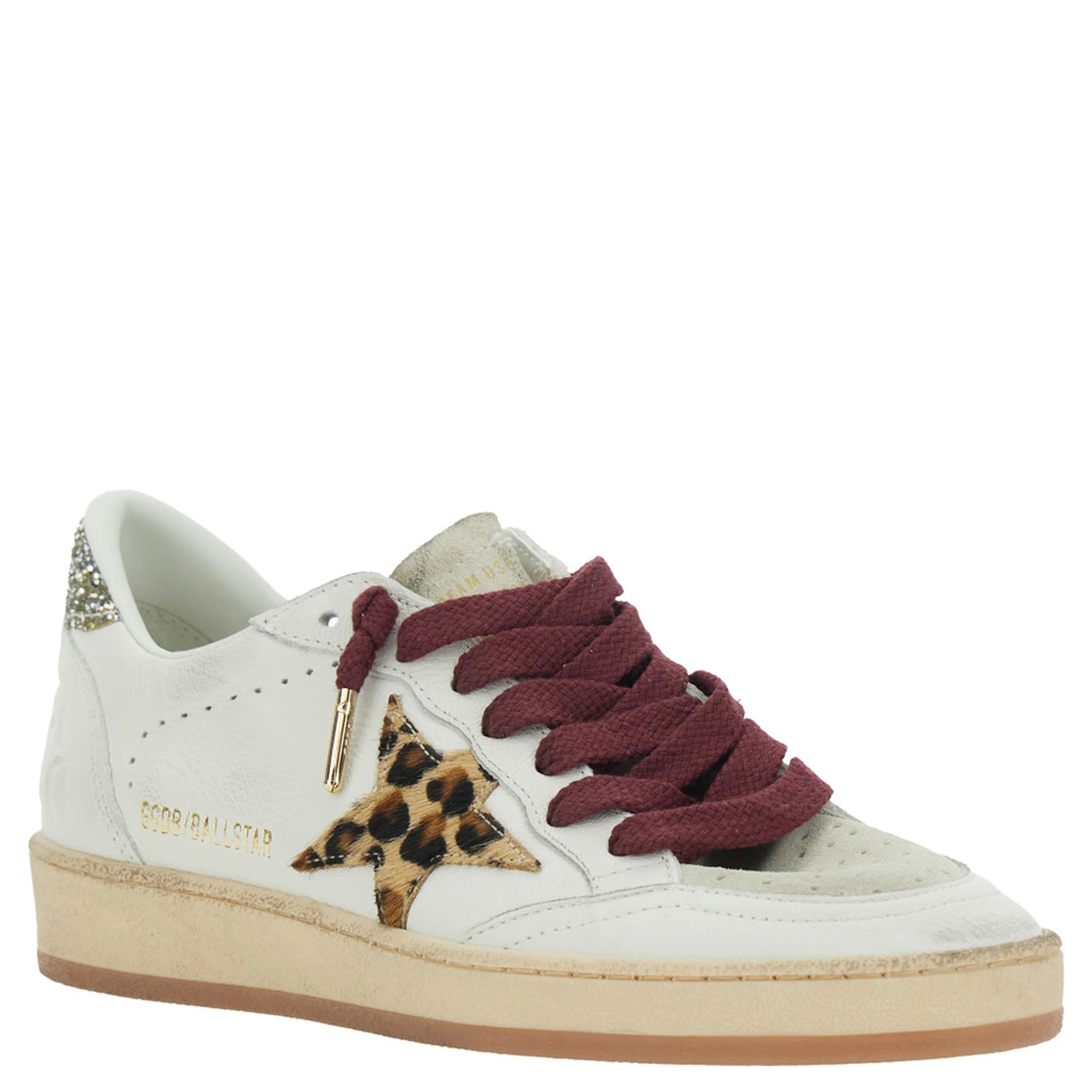 Ballstar White Low Top Sneakers with Star Patch with Glitter and Glitter Heel and Logo Lettering in Leather for Women