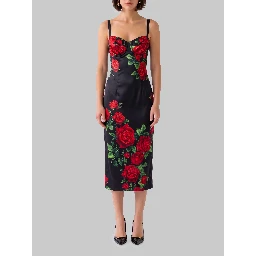 Midi dress in rose-print satin