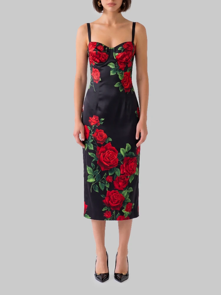 Midi dress in rose-print satin