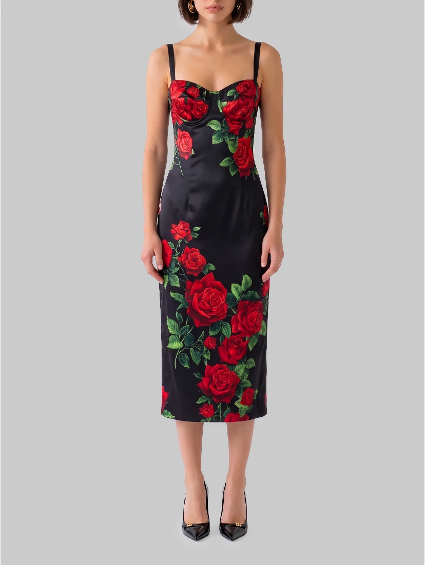 Midi dress in rose-print satin