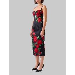 Midi dress in rose-print satin