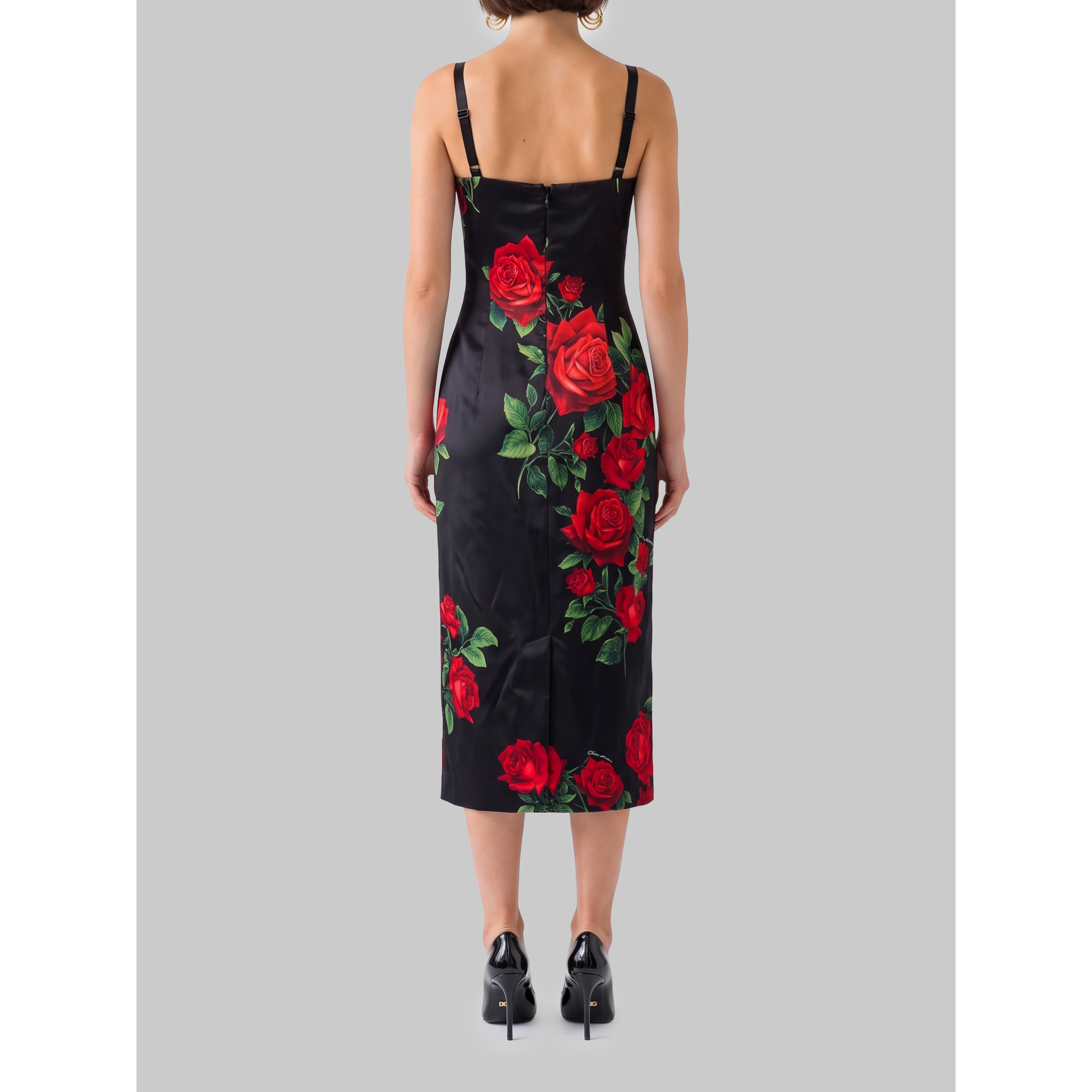 Midi dress in rose-print satin