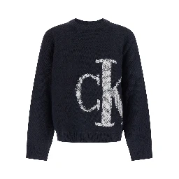 Oversized logo wool sweater with round neck and long sleeves, Black, Man