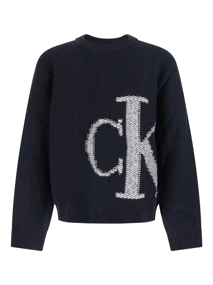 Oversized logo wool sweater with round neck and long sleeves, Black, Man