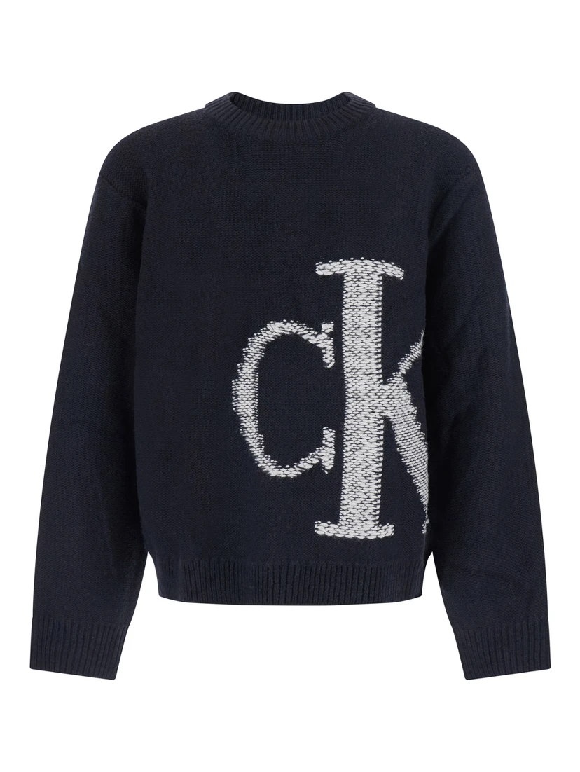Oversized logo wool sweater with round neck and long sleeves, Black, Man