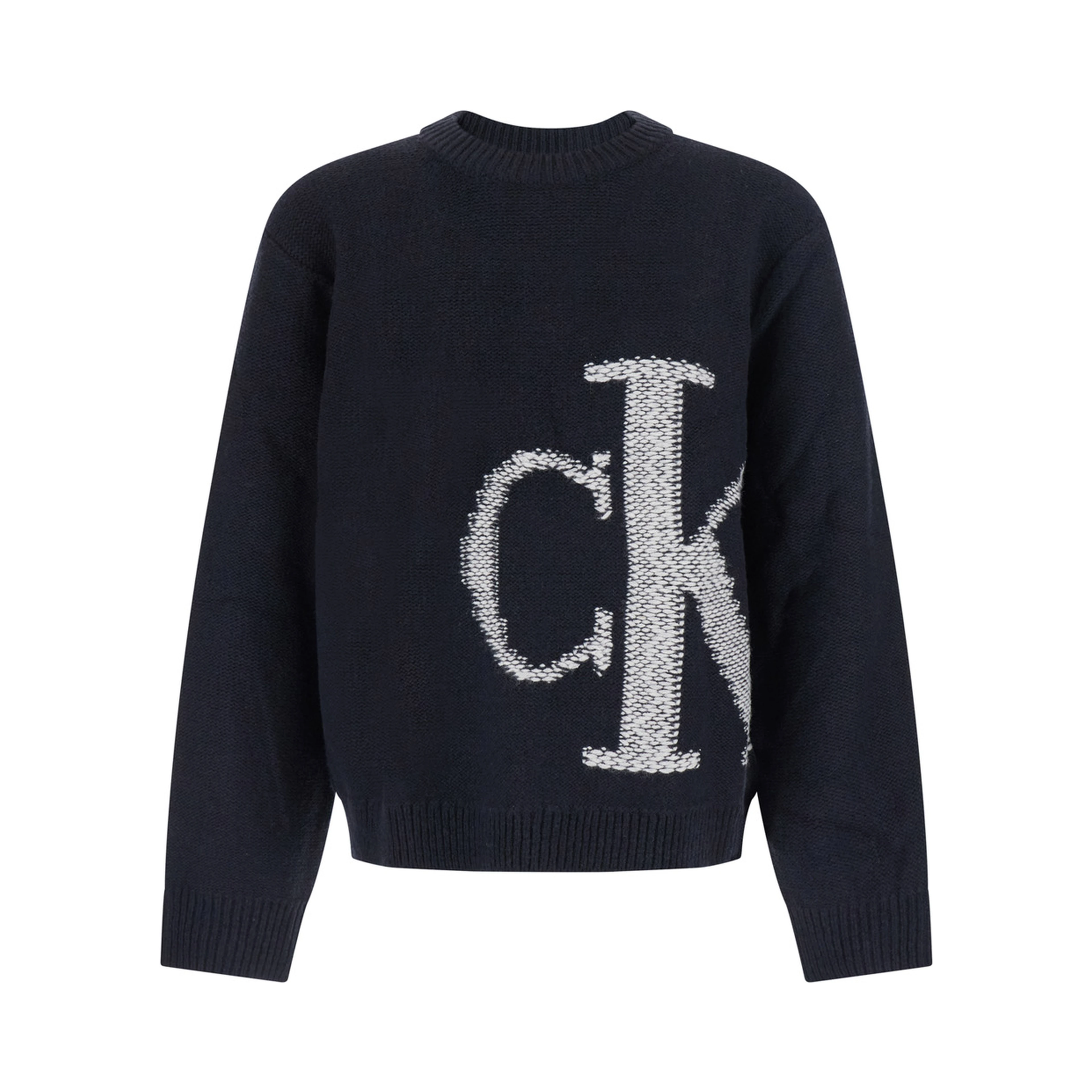 Oversized logo wool sweater with round neck and long sleeves, Black, Man