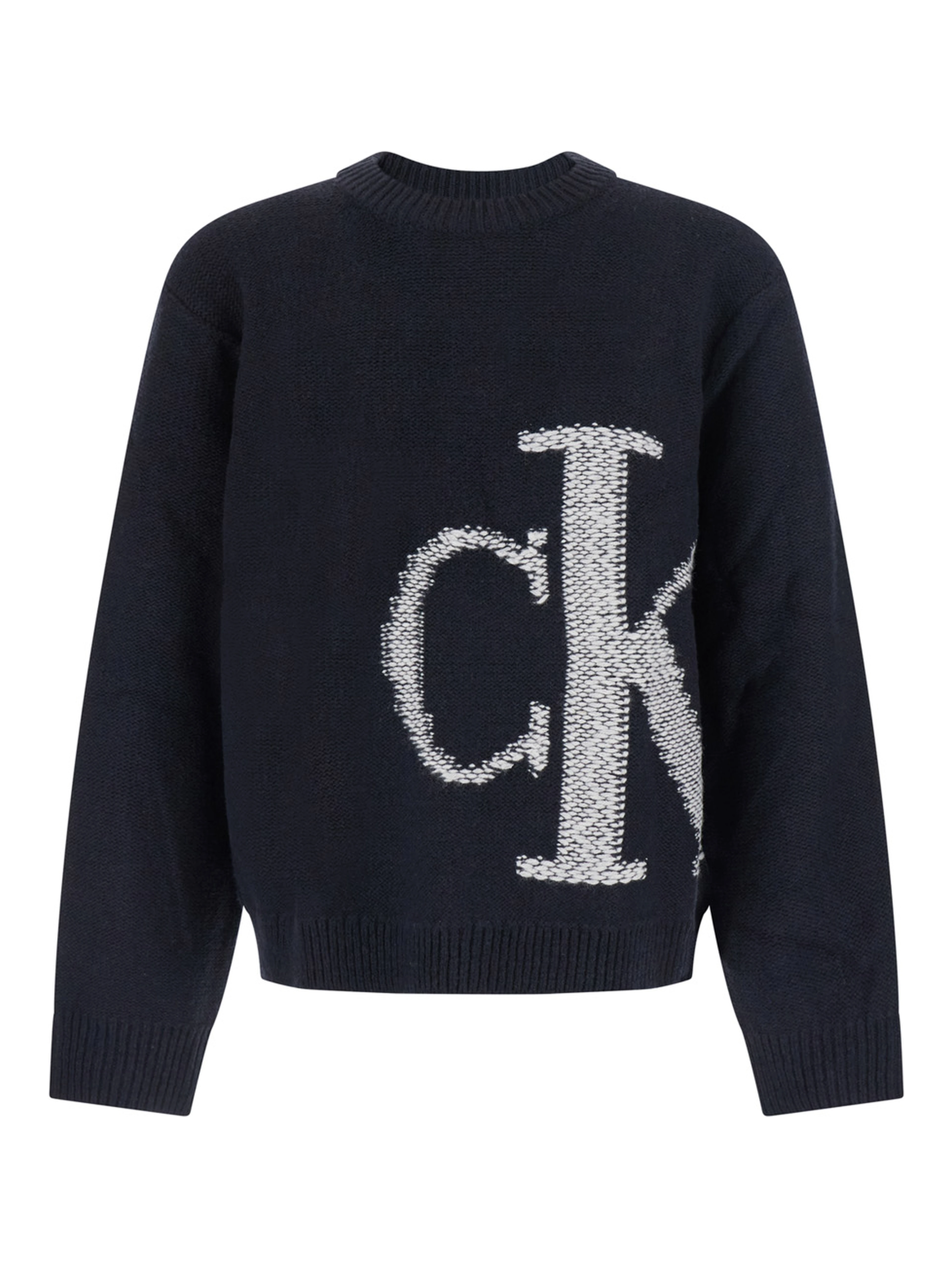 Oversized logo wool sweater with round neck and long sleeves, Black, Man
