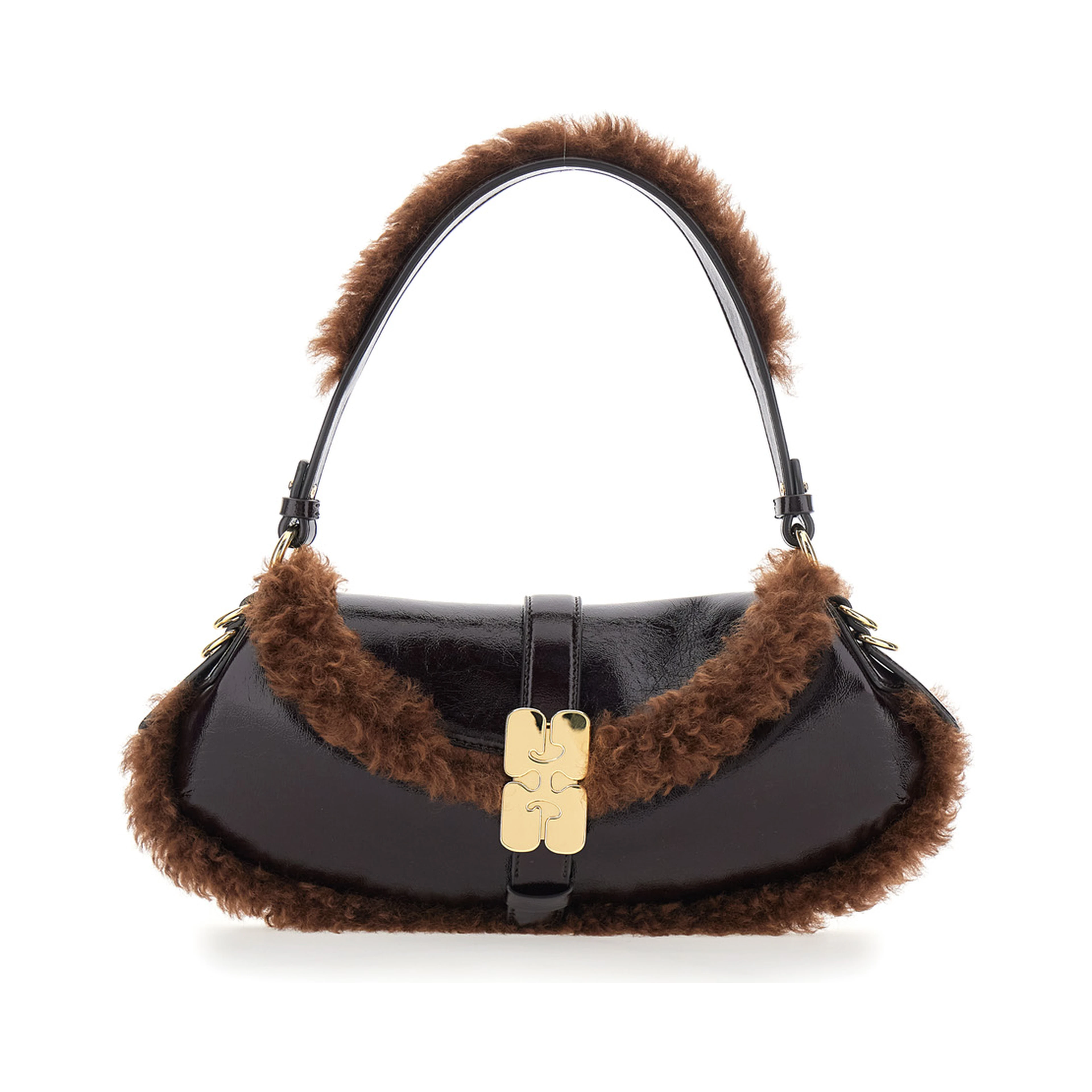 Shoulder Bag with Fur Piping in Brown