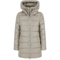 Long Down Jacket with Hood and Pockets, Tech Fabric, Beige, Women