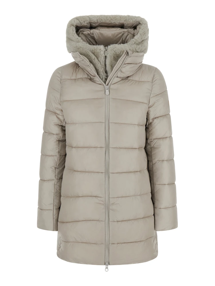 Long Down Jacket with Hood and Pockets, Tech Fabric, Beige, Women