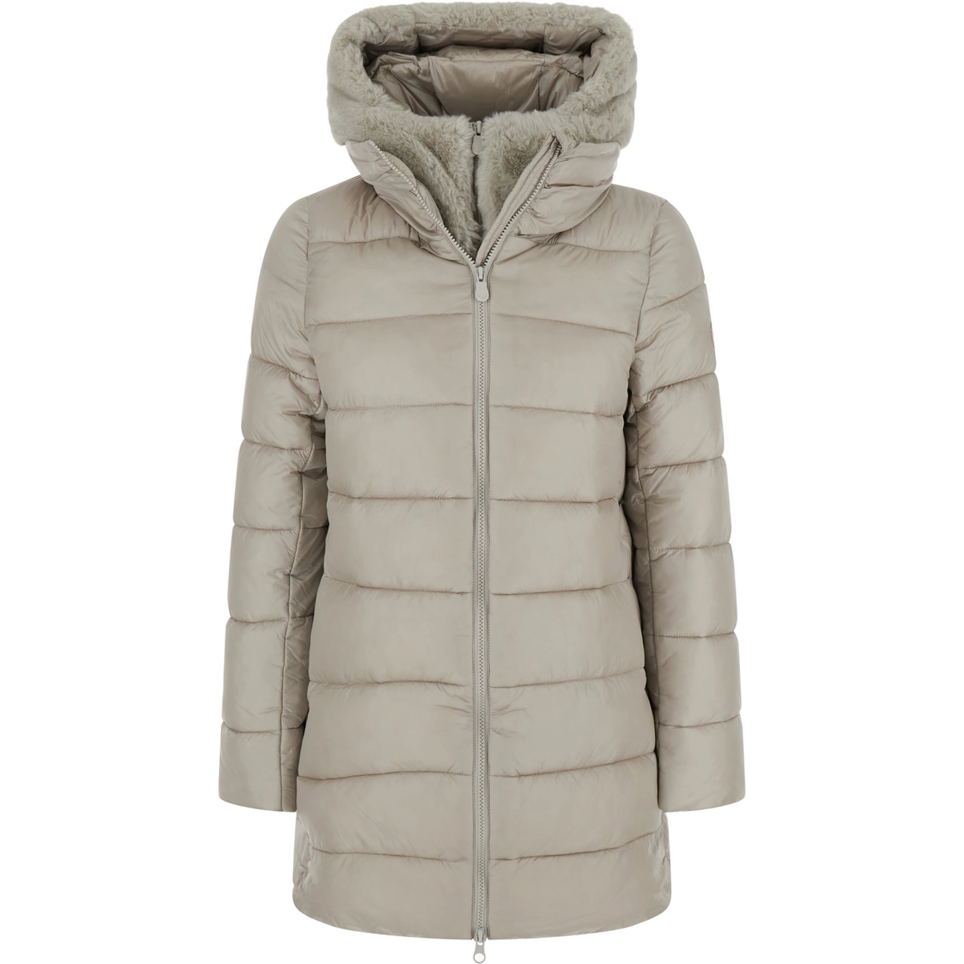 Long Down Jacket with Hood and Pockets, Tech Fabric, Beige, Women