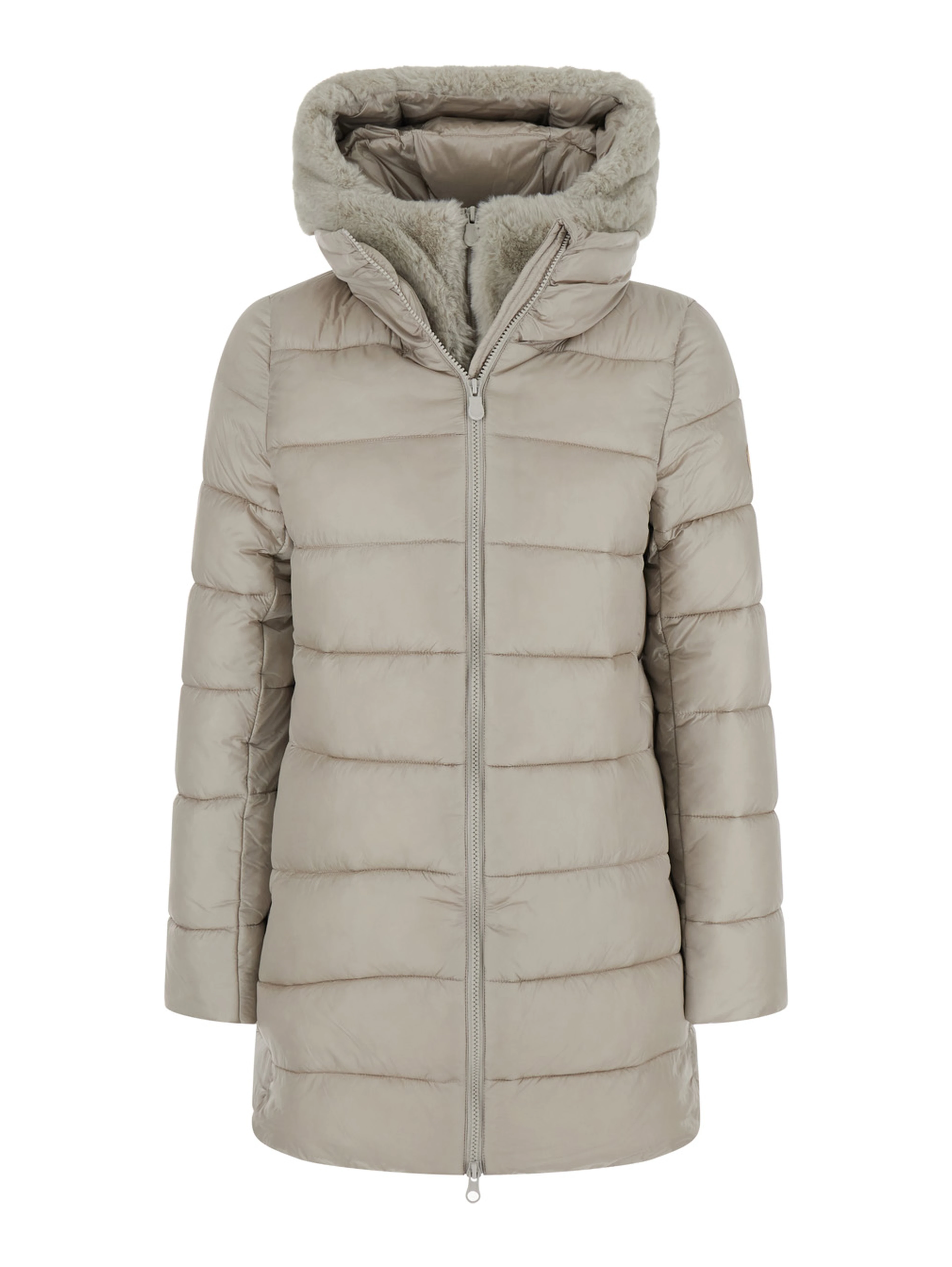 Long Down Jacket with Hood and Pockets, Tech Fabric, Beige, Women