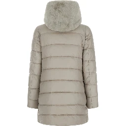 Long Down Jacket with Hood and Pockets, Tech Fabric, Beige, Women