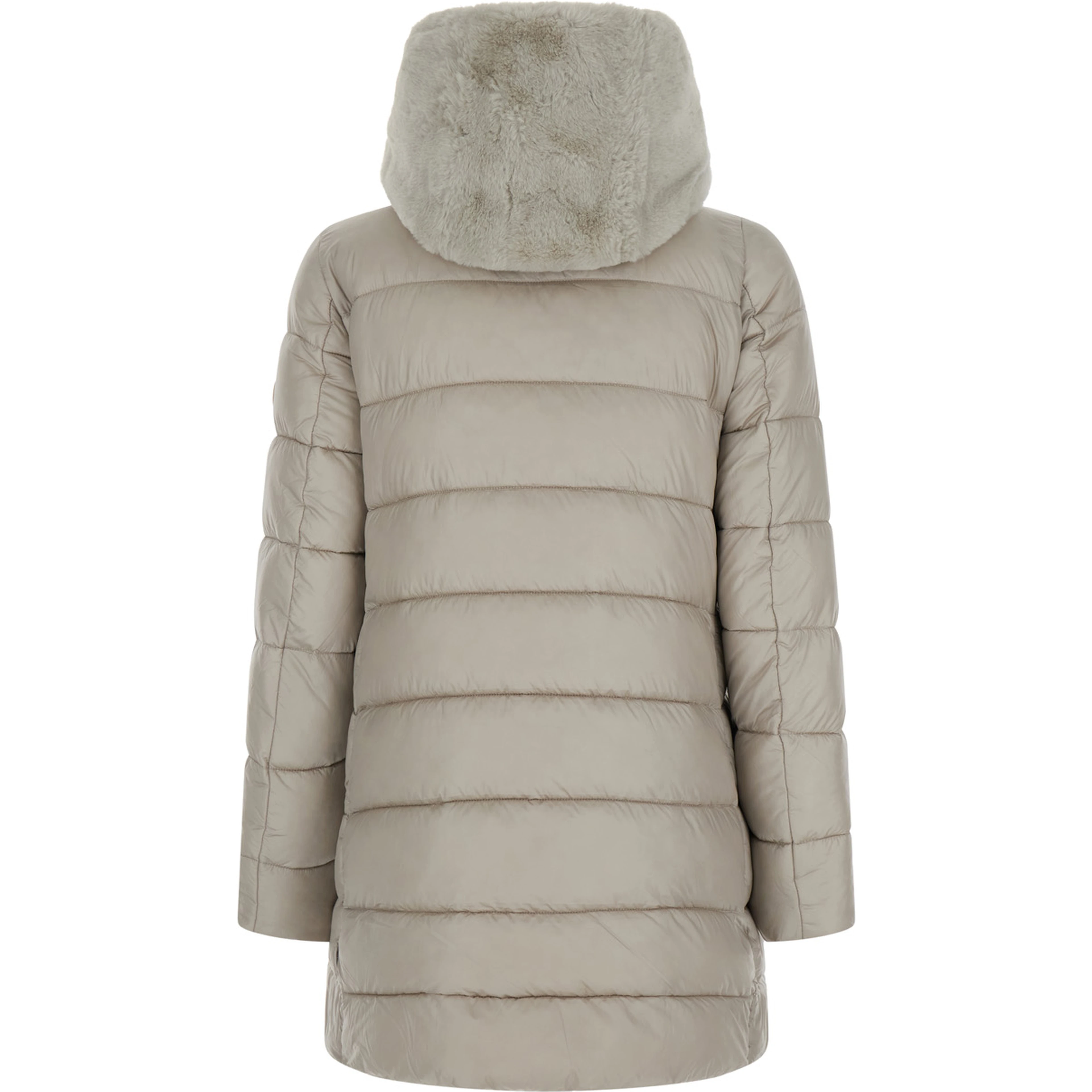 Long Down Jacket with Hood and Pockets, Tech Fabric, Beige, Women