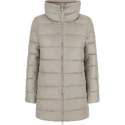 Long Down Jacket with Hood and Pockets, Tech Fabric, Beige, Women