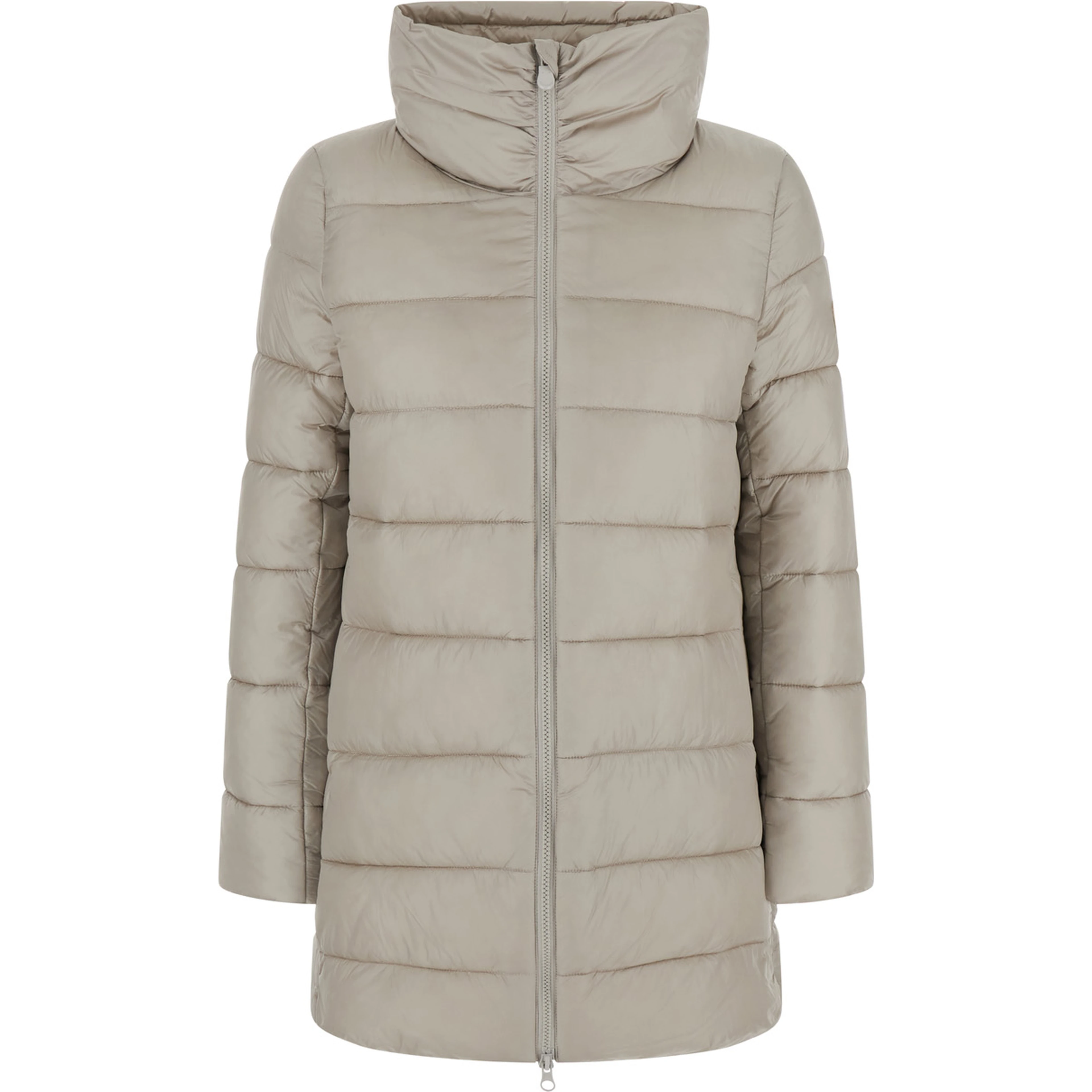 Long Down Jacket with Hood and Pockets, Tech Fabric, Beige, Women